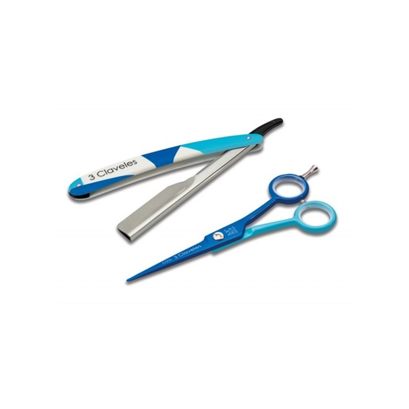 Tijera de Corte 3 Claveles Azul 5,5" + Navaja